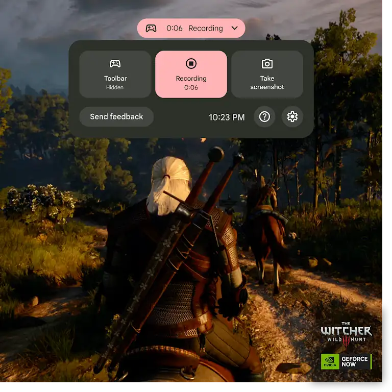 Animation showing someone recording gameplay whilst playing Witcher 3: Wild Hunt.