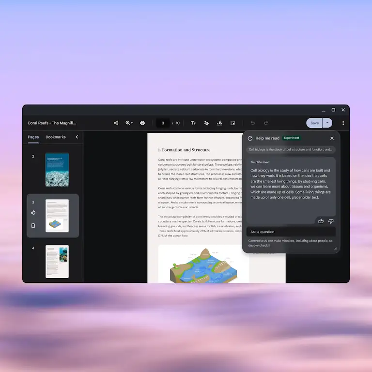 Animation showing someone using Help me Read to summarize a paragraph in a PDF document.