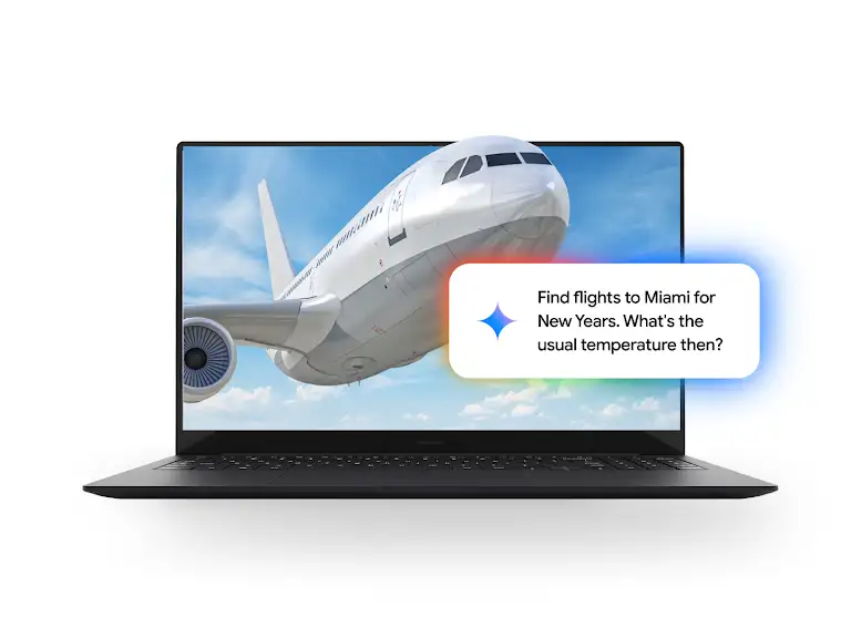 Animation showing someone using the Gemini App, asking it to find flights to Miami and the temperature for the time of their trip