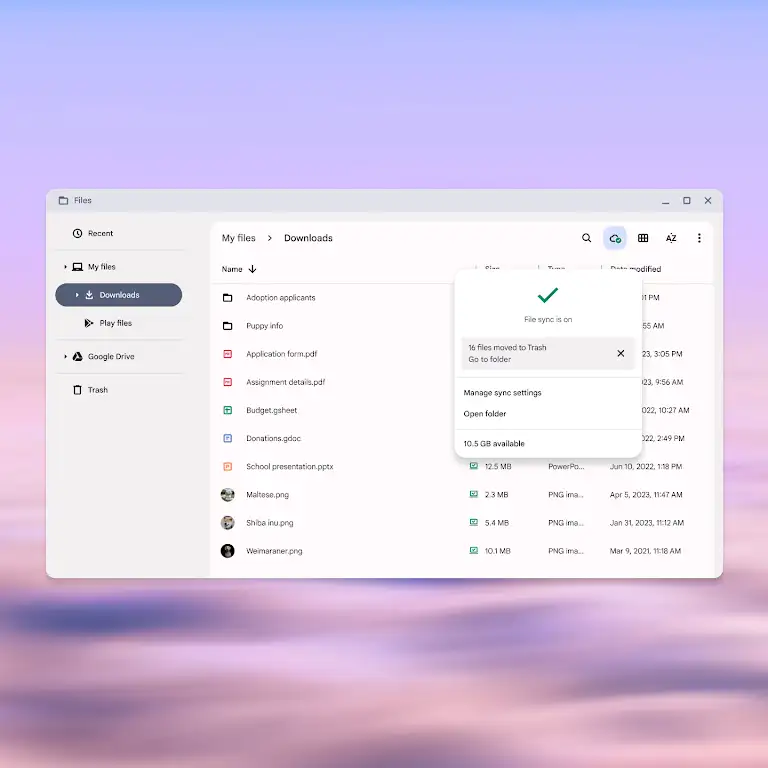 Animation to highlighting file sync feature turned on in the Google Drive app on a Chromebook