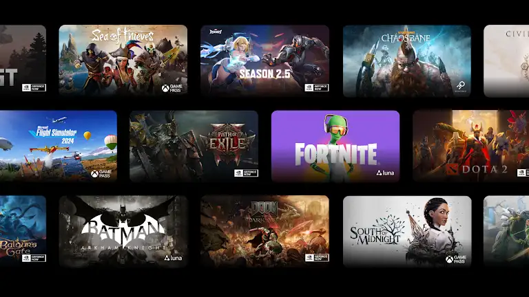 Animation showing games available to play on Chromebook Plus, via GeForce Now, Amazon Luna, Boosteroid, and Xbox Cloud Gaming.
