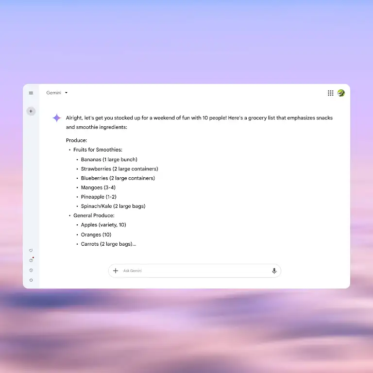 Animation showing someone using Gemini chat to create a grocery list for a weekend away.