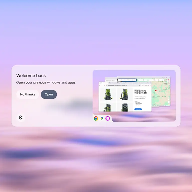 Animation showing a visual overview of past windows and apps on login, letting the user resume where they left off. They click open, and windows load.