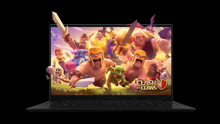 Chromebook displaying fantasy characters, including barbarians, goblins, and archers, from the game Clash of Clans.