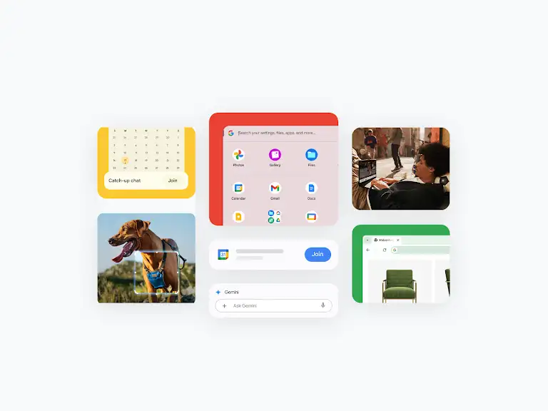 Assortment of images highlighting Google apps and features available on Chromebook laptops.