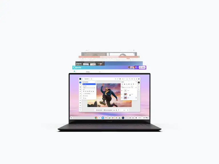 Animation of a Chromebook opening with apps like Photoshop, Canva, Lumafusion, Microsoft 365 apps, YouTube, Google Meet, and Minecraft appearing.