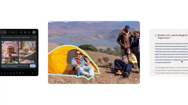 Animation showcasing AI features on Chromebook Plus, including photo editing, built-in AI for reading and writing help, and image generation.